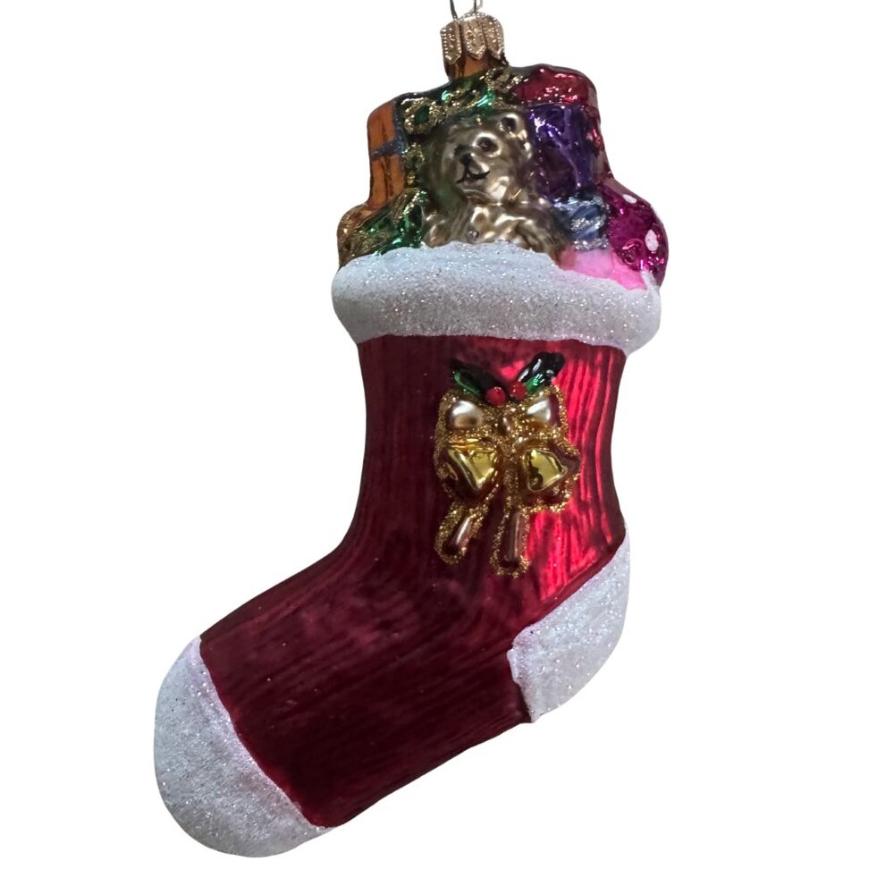 Vintage Hand Blown Glass Christmas Stocking Ornament 4.5" - Picture 3 of 5